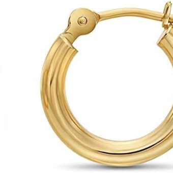 14k Yellow Gold Classic Shiny Polished Round Hoop Earrings, 2mm tube