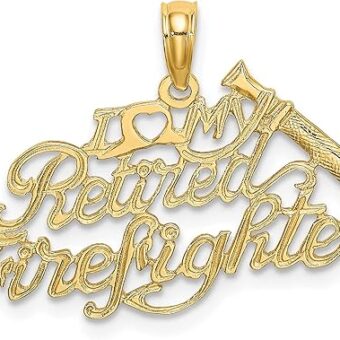 14K Yellow Gold I Love My Retired Firefighter Pendant Charm (13.4mm x 28.3mm)