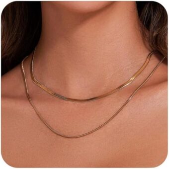 2PCS Herringbone Necklace for Women, Dainty 14K Gold Necklace for Women Snake Chain Necklace Layered Gold Plated Choker Necklaces for Women Trendy...