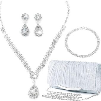 4-5 Pieces Jewelry Set for Prom Brides,Women's Silver Rhinestone Evening Bag Jewelry Sets Accessories