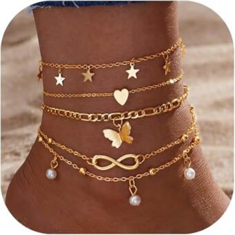 925 Sterling Silver 4PCS Anklets for Women, Plated Ankle Bracelets Trendy Waterproof Boho Anklets Set Adjustable Dainty Cute Diamond Beaded Heart...