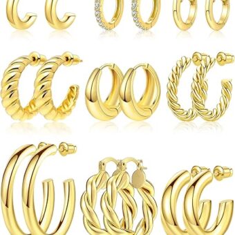 Adoyi 9 Pairs Gold Hoop Earrings Set for Women Girls Gold Twisted Huggie Hoops Earrings 14K 18K Gold Plated for Girls Gift Lightweight