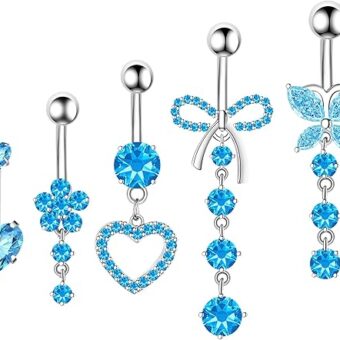 Belly Button Ring Dangle Navel Belly Piercing Jewelry Cute Pink CZ Heart Butterfly Bow Flower Navel Belly Rings for Women 14G Silver Stainless...