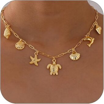 Charm Necklace for Women, 14K Gold Shell Sun Starfish Summer Beach Necklace 16+3" Paperclip Chain Jewelry Gifts