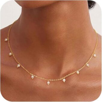 CHESKY Pearl Satellite Necklaces for Women - Dainty 14k Gold Plated Layered Pearls Chain Choker Cute Flower Pearl Station Necklace for Women Trendy...