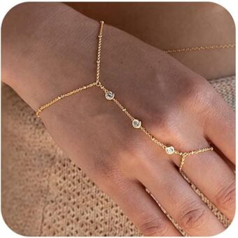 FRG Hand Chain Bracelet 14K Plated Gold Bracelet Stack Finger Ring for Women Adjustable Rhinestone Ring Bracelet Hand Chain for Women Trendy...