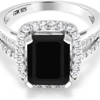 Gem Stone King 925 Sterling Silver Black Onyx Engagement Ring For Women (3.75 Cttw, Emerald Cut 10X8MM, Gemstone Birthstone, Available in size 5,...