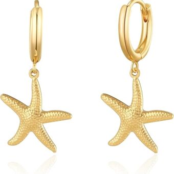 Gold Shell Starfish Earrings for Women Chunky 14k Gold Plated Sea Star Clam Shell Hoop Dangle Earrings Summer Beach Ocean Huggie Hoop Jewelry