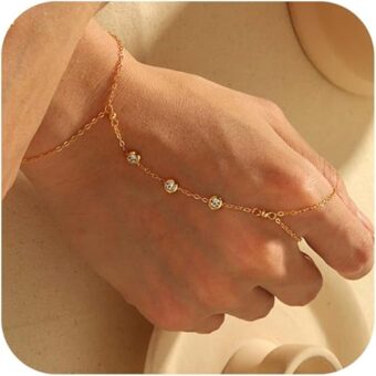 Hand Chain Gold Bracelets for Women Dainty 14K Gold Plated Finger Ring Zircon Adjustable Hand Chain Jewelry for Women Trendy Bracelets for Women...