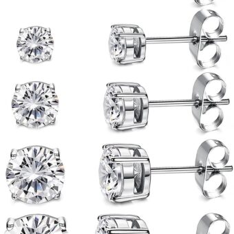 Kainier Women's 14K Gold Plated CZ Stud Earrings Simulated Diamond Round Cubic Zirconia Ear Stud Set（5 Pairs)