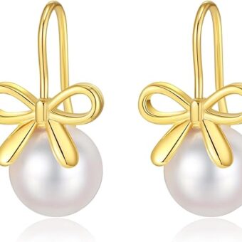 Pearl Earrings for Women Cute Bow Pearl Drop Earrings Elegant 14K Gold Plated Pearl Dangle Earrings Hypoallergenic Gold Jewelry for Women