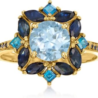 Ross-Simons 1.80 Carat Sky Blue Topaz, 2.40 ct. t.w. Sapphire and .80 ct. t.w. London Blue Topaz Ring in 18kt Gold Over Sterling