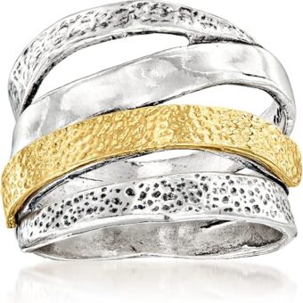 Ross-Simons Sterling Silver and 18kt Gold Over Sterling Textured and Polished Multi-Row Ring