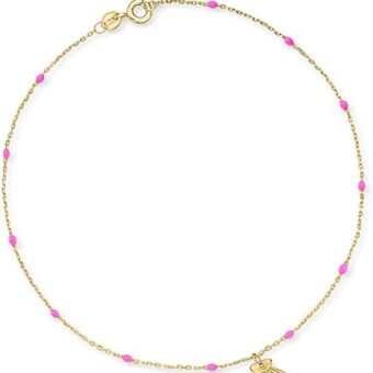 RS Pure by Ross-Simons Italian 14kt Yellow Gold Seashell and Pink Enamel Station Anklet. 9 inches