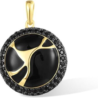 Santuzza 925 Sterling Silver Enamel Round Shape Pendant Black Spinel Golden Crack Pattern Pendant for Women