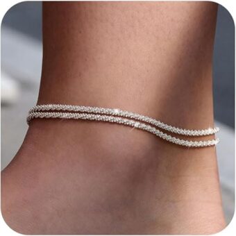 Sterling Silver Ankle Bracelets for Women: Dainty Layered Waterproof Anklet for Women Adjustable Womens Anklet Set Stackable Turquoise Figaro...