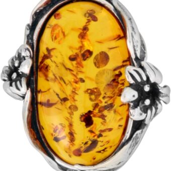 Sterling Silver Baltic Amber Oval Brooch Pin for Women Antiqued Finish Approx. 1 3/16 inch Wide