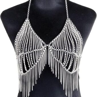 Tassels Bra Body Chain Jewelry Women Handmade Metal Chains Necklace Jewellery (D,Light Grey)