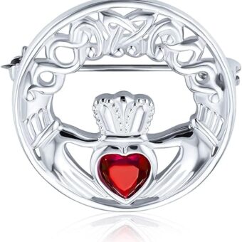 Traditional Irish Celtic Heart Claddagh Brooch Bangle Bracelet For Women Simulated Green Emerald, Red Ruby .925 Sterling Silver