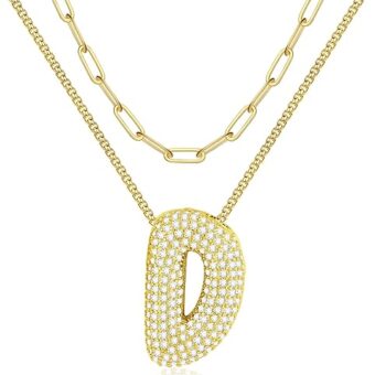 Turandoss Bubble Letter Necklace for Women - 18K Real Gold Plated Layered Balloon Cubic Zirconia Letter Pendant Necklace Paperclip Chain Choker...