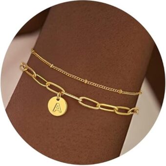 Turandoss Gold Initial Bracelets for Women Trendy, Dainty 18K Real Gold Plated Layered Paperclip Chain Beaded Bracelets Personalized Disc Monogram...