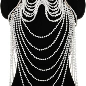 Waist Chain Women Pearl Shawl Necklaces Body Chain Sexy Beaded Collar Bra Top Sweater Chain Wedding Dress Body Jewelry Woman (White,One Size)