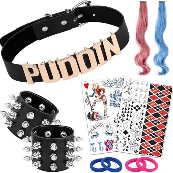 11 Pcs Puddin Choker Halloween Set Adjustable Punk Leather Letter Collar Necklace Tattoo Stickers Rivets Spike Bracelet Halloween Harley Cosplay...