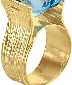 14K Gold Over Sterling Silver Statement Rings With 11.75 TCW Aquamarine Cubic Zirconia, Textured Ring, Dainty Gold Rings, Gifts For Women,...