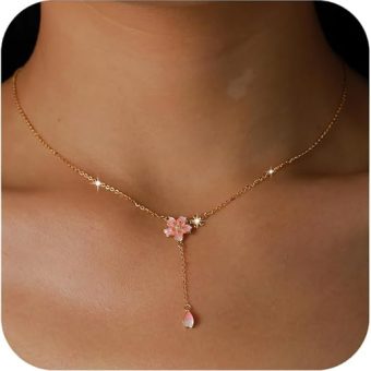 14K Gold Plated Cherry Blossom Necklace for Women Cute Birth Month Enamel Flower Pendant Necklace Pink Floral Artificial Stone Pearl Chain Jewelry...