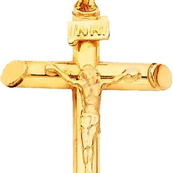 14K Yellow Gold Jesus Engraved Cross Pendant - Crucifix Charm Polish Finish - Handmade Spiritual Symbol - Gold Stamped Fine Jewelry - Great Gift...