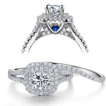 Newshe Jewellery Wedding Engagement Ring Set AAAAA Cz 925 Sterling Silver 2Ct Round Created Blue Sapphire White Size 4-13