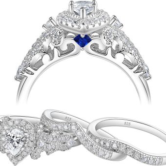 Newshe Jewellery Wedding Ring Sets for Women AAAAA Cz Engagement Band 925 Sterling Silver 1.5Ct Pear Bridal Sets Vintage Size 4-13