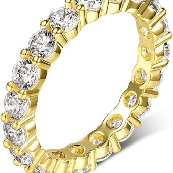 18K White Gold Plated Round-Cut Cubic Zirconia All-Around Band Ring Cocktail Jewelry for Women and Men