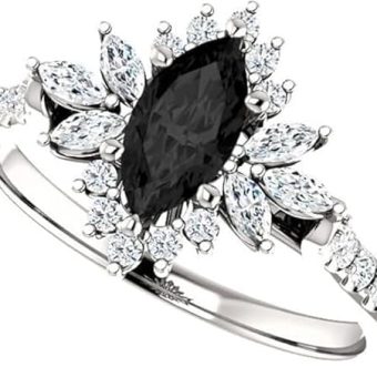 2 CT Marquise Cut Black Diamond Engagement Rings for Women Cluster Halo Antique Black Onyx Ring Black Marquise Engagement Ring Anniversary Promise...