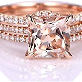 2 Ct Princess Cut Peach Morganite & Diamond Curved Promise Trio Halo Ring Band Set 14k Rose Gold Over Sterling Silver