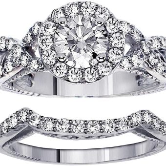 2.15 CT TW GIA Certified Halo Diamond Engagement Ring Bridal Set in Platinum Braided Setting