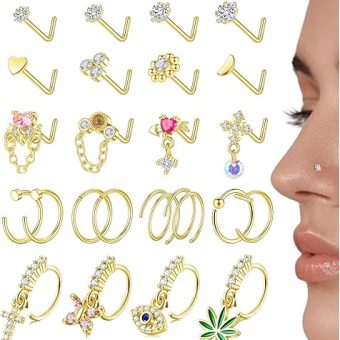 24Pcs 14K Gold Plated Dangle Nose Rings L Shaped Dangling Nose Stud for Women 20G 316L Stainless Steel Nose Ring Studs Hypoallergenic CZ Heart...