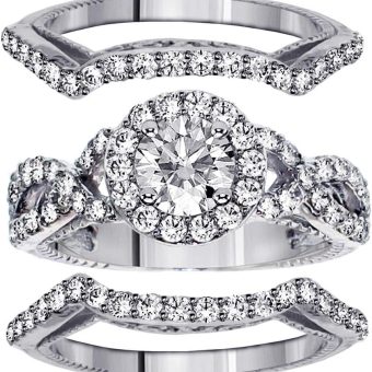 2.55 CT TW GIA Certified Braided Mount Halo Diamond Engagement Bridal Set with 2 Matching Bands in Platinum