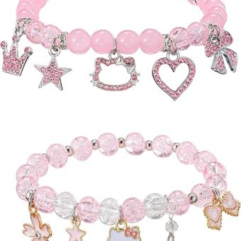 2PCS Hello Kitty Kawaii Bracelets Set Anime Y2k Bracelets Friendship Bracelets Heart-Bow-Pentagram-Crown Charm Bracelets Pink Crystal Bead Elastic...