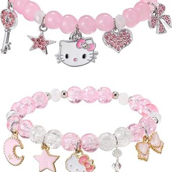 2PCS Hello Kitty Kawaii Bracelets Set Anime Y2k Bracelets Friendship Bracelets Heart-Bow-Pentagram-Crown Charm Bracelets Pink Crystal Bead Elastic...