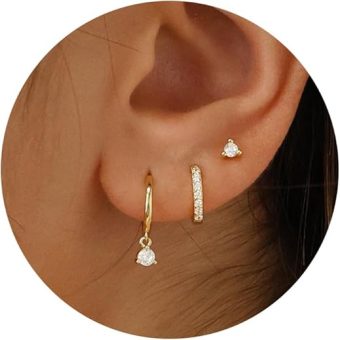 3 Pairs Gold Hoop Earrings Set: Dainty Stud Earrings Trendy Small 14K Gold Plated Hypoallergenic Dangle Cartilage Huggie Hoop Earrings for Women...