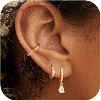 3 Pairs Gold Hoop Earrings Set for Women: Trendy Hypoallergenic Cartilage Stud Earrings for Women Dainty 14k Gold Plated Small Huggie Hoop Stacks...