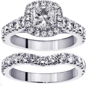 3.00 CT TW GIA Certified Halo Princess Cut Diamond Encrusted Engagement Bridal Set in 18k White Gold