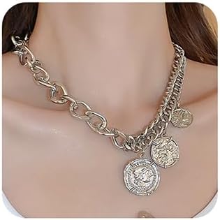 Jumwrit Punk Layered Chain Necklace Boho Long Coin Pendant Asymmetry Necklace Fashion Statement Accessories for Women