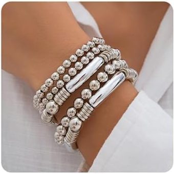 Jumwrit 5pcs Layered Beaded Bracelets Set for Women Dainty Stretch Elastic Round Ball Beads Chain Tube Bangle Bracelets Boho Stackable Bracelets Trendy Jewelry for Girls