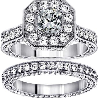 4.38 CT TW GIA Certified Princess Cut Designer Engagement Bridal Set in 18k White Gold