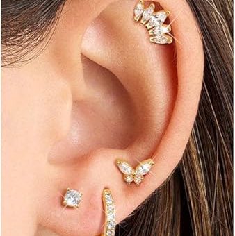 4Pairs Hypoallergenic Gold Earrings Stacks for Women - 316L Surgical Stainless Steel Flat Back Studs & Hoops Earring Sets for Multiple Piercings -...