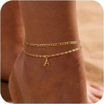 Tasiso Initial Ankle Bracelets for Women，Layered Waterproof Anklet for Women 14K Gold Filled Anklets Layering Thin Figaro Letter Anklet Summer Jewelry Gifts for Women