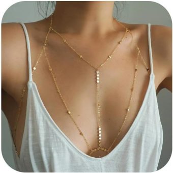 14K Gold Body Chains for Women, Sexy Layered Belly Waist Chain Crossover Bikini Bra Chain, Summer Beach Rhinestone Body Jewelry for Girls