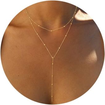 Foxgirl Lariat Gold Necklace for Women, Dainty Long Necklace 14k Gold Plated/Silver Y-Shaped Pendant Necklace Trendy Layered Cz Beaded Chain Drop Necklaces Simple Gold Jewelry For Women Gift